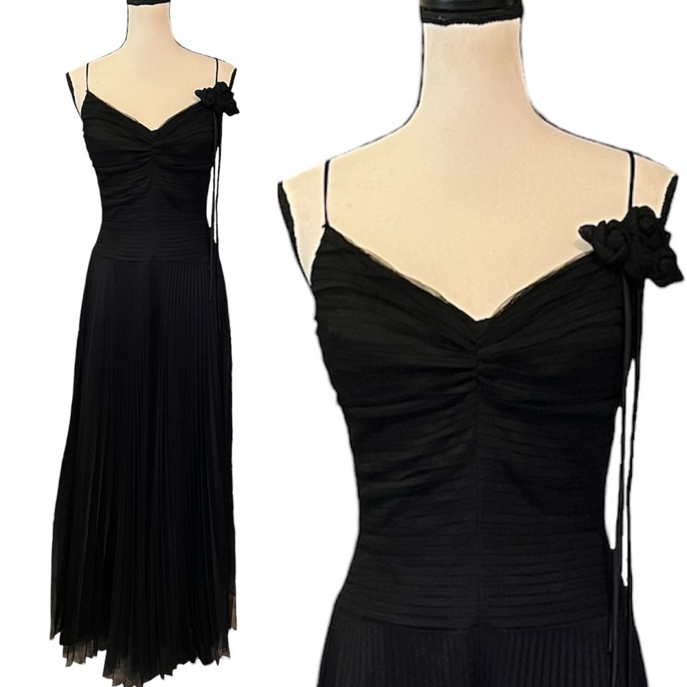 Vintage Betsey Johnson Evening Sheer Mesh Roses Pleated Formal Maxi Dress